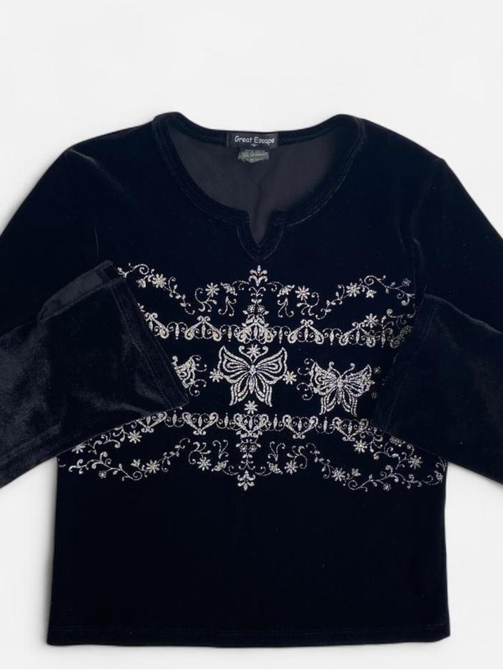 Vintage girls sparkly black velvet butterfly long sleeve top